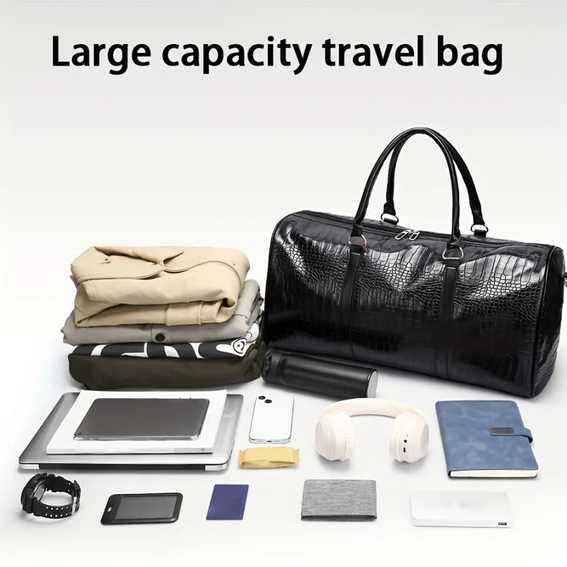 Large Capacity Retro Crocodile-Textured Duffel Bag with Adjustable Shoulder Strap, Stylish Gym,  Weekender & Overnight Bag