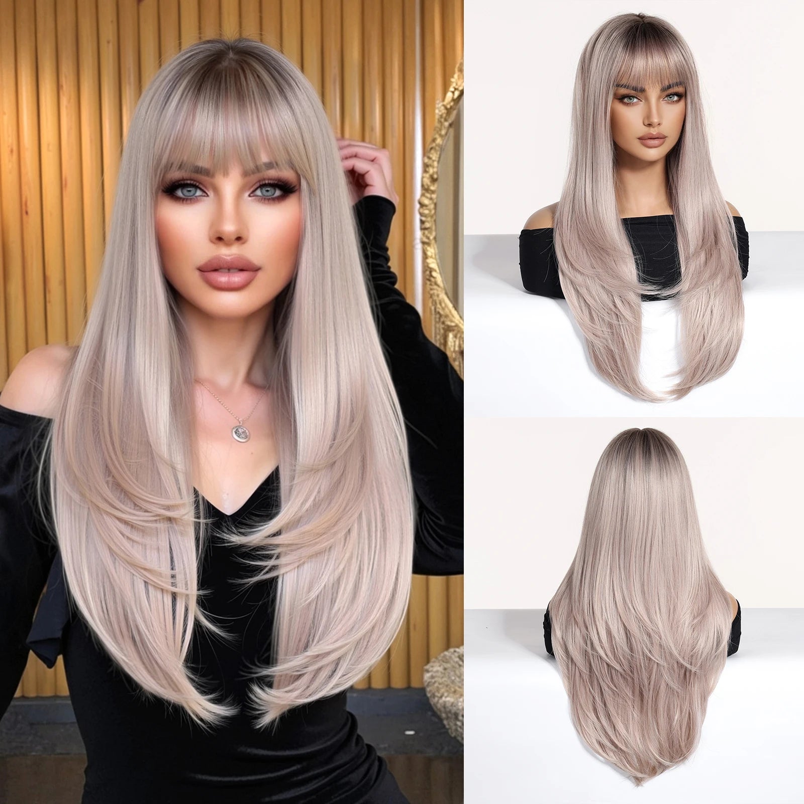 EASIHAIR Synthetic Layered Wig Ombre Gray Blonde Long Straight Women Hair Wigs with Bangs for Cosplay Party Daily Heat Resistant