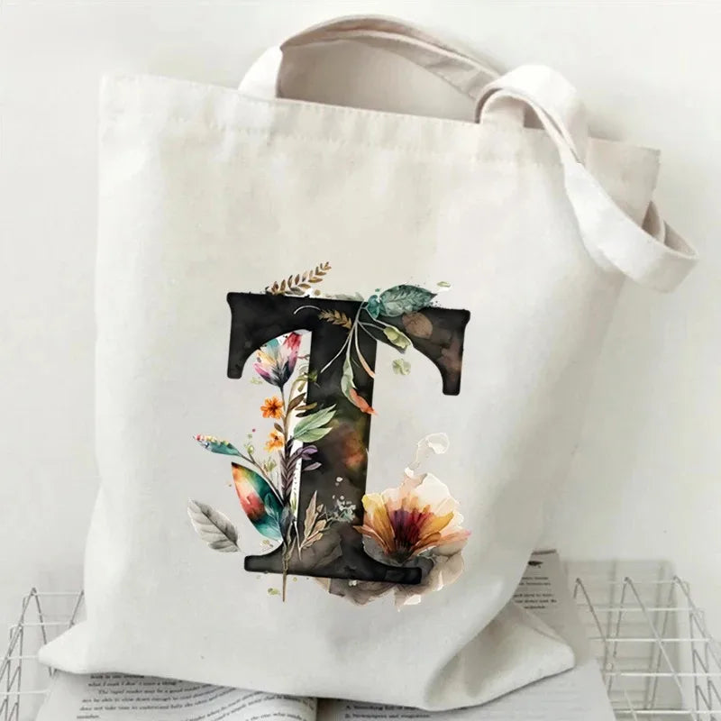 26 Letters Flower Tote Bag for Women Eco Reusable Shoulder BagsLarge Capacity Canvas Casual Harajuku Shopping Shopper Handbag