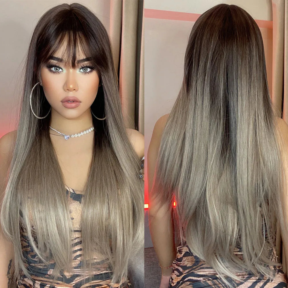 HENRY MARGU Long Straight Synthetic Wigs for Women Natural Brown Blonde Wig with Bangs Heat Resistant Cosplay Party Hair