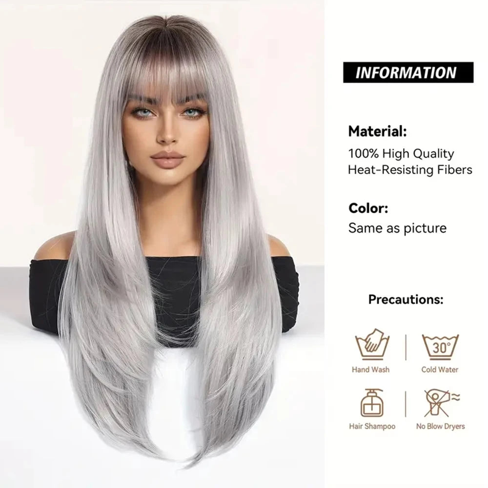 EASIHAIR Synthetic Layered Wig Ombre Gray Blonde Long Straight Women Hair Wigs with Bangs for Cosplay Party Daily Heat Resistant