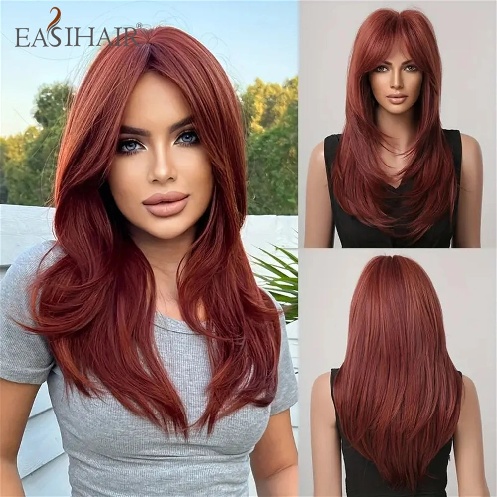 EASIHAIR Synthetic Layered Wig Ombre Gray Blonde Long Straight Women Hair Wigs with Bangs for Cosplay Party Daily Heat Resistant