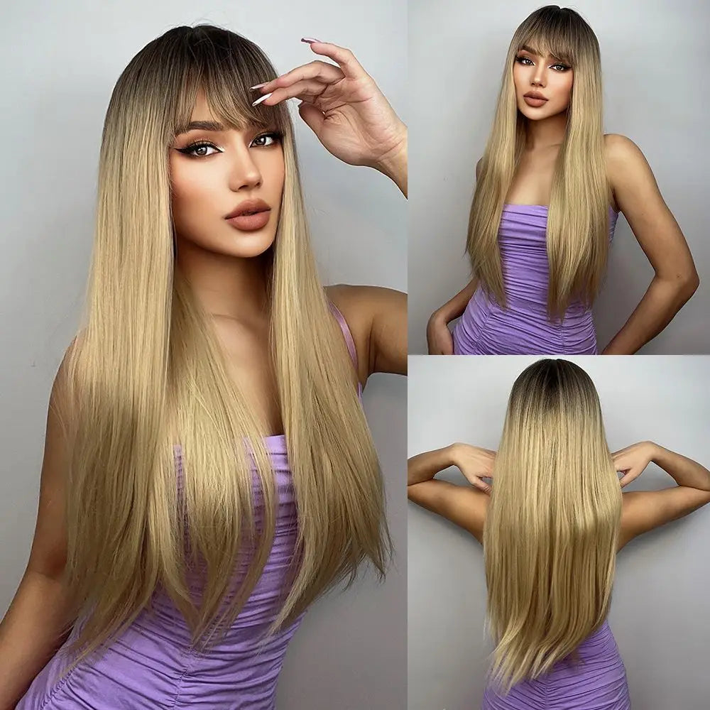 HENRY MARGU Long Straight Synthetic Wigs for Women Natural Brown Blonde Wig with Bangs Heat Resistant Cosplay Party Hair