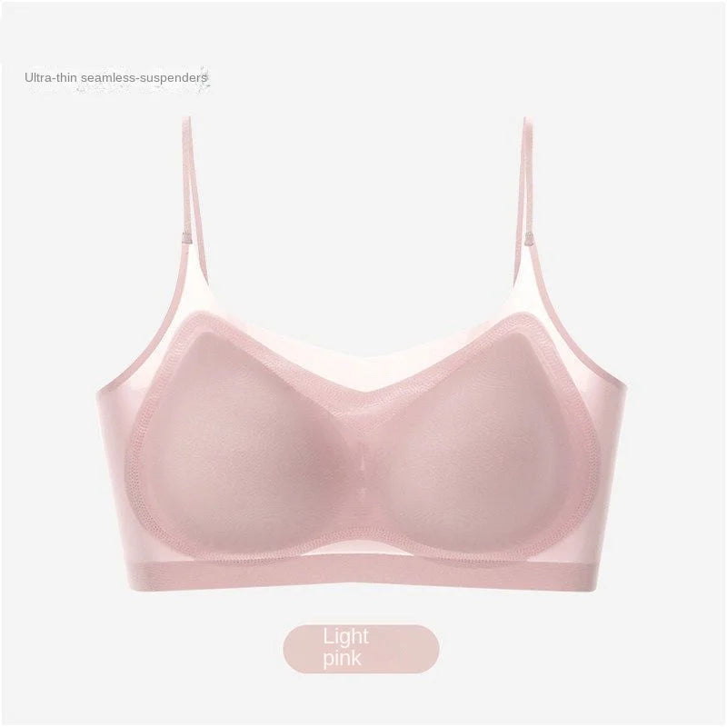 Ultra Thin Ice Silk Seamless Underwear Women Plus Size Sexy Top Soft Breathable Wireless Solid Lingerie Gathered Padded Bra