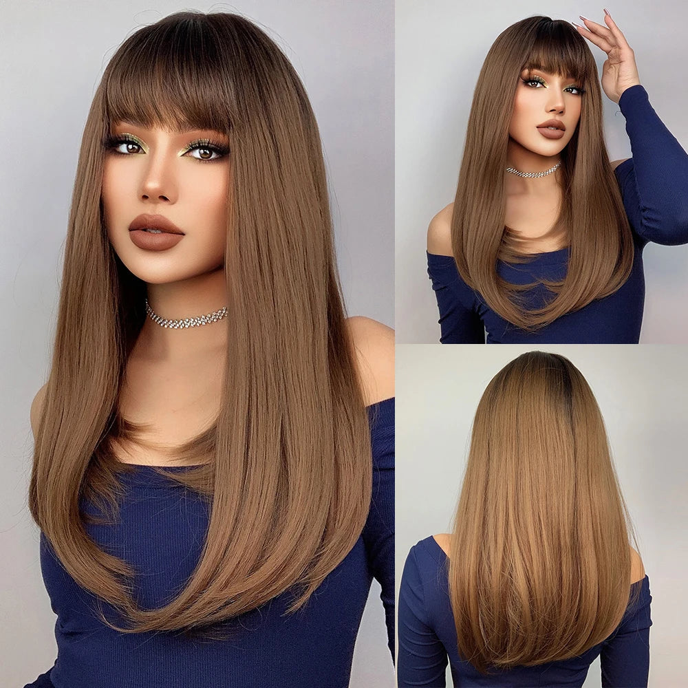 HENRY MARGU Long Straight Synthetic Wigs for Women Natural Brown Blonde Wig with Bangs Heat Resistant Cosplay Party Hair
