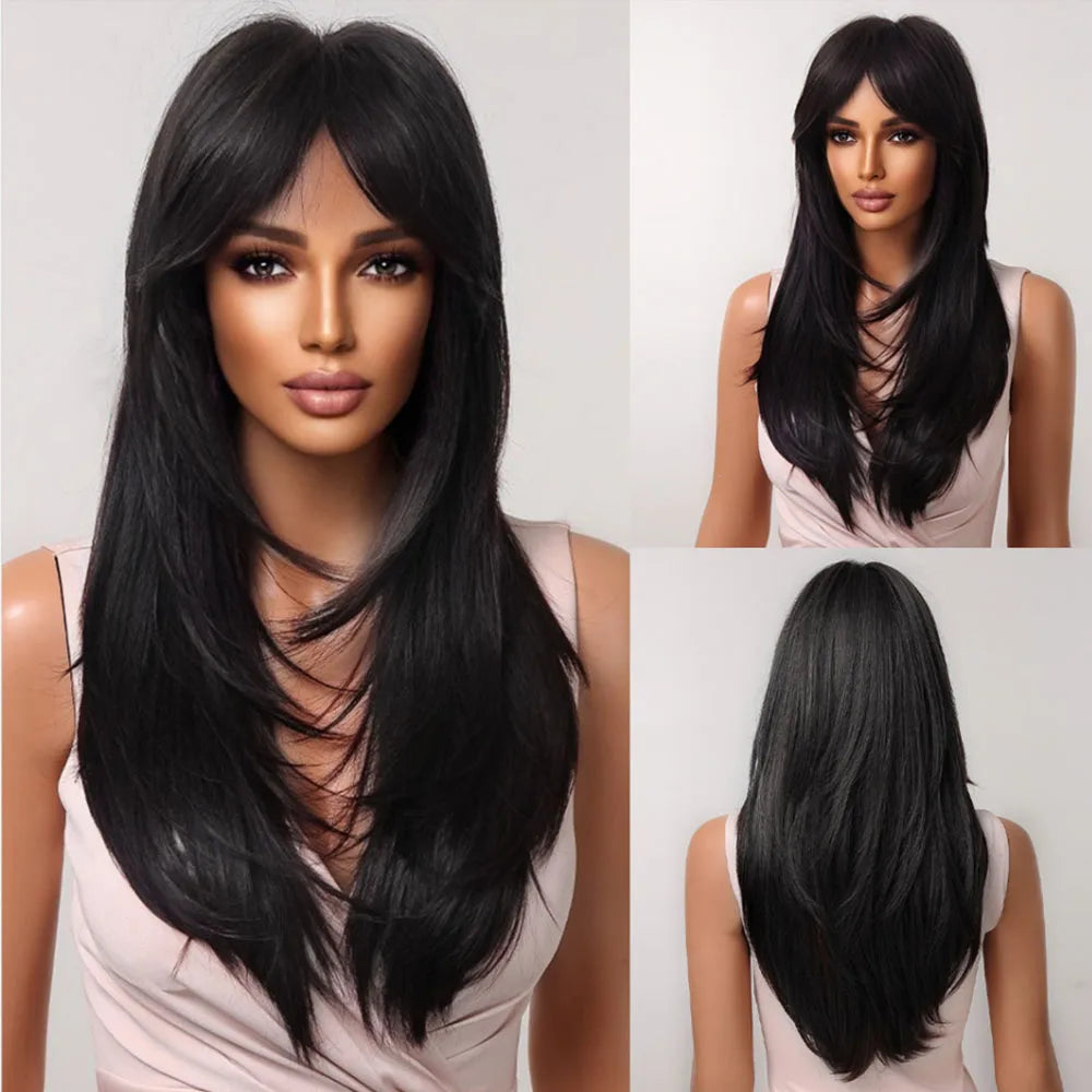 HENRY MARGU Long Straight Synthetic Wigs for Women Natural Brown Blonde Wig with Bangs Heat Resistant Cosplay Party Hair