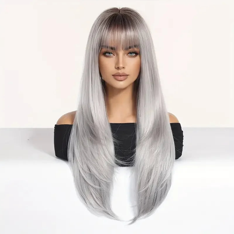 EASIHAIR Synthetic Layered Wig Ombre Gray Blonde Long Straight Women Hair Wigs with Bangs for Cosplay Party Daily Heat Resistant