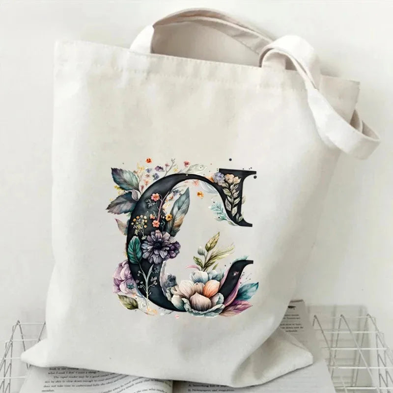 26 Letters Flower Tote Bag for Women Eco Reusable Shoulder BagsLarge Capacity Canvas Casual Harajuku Shopping Shopper Handbag