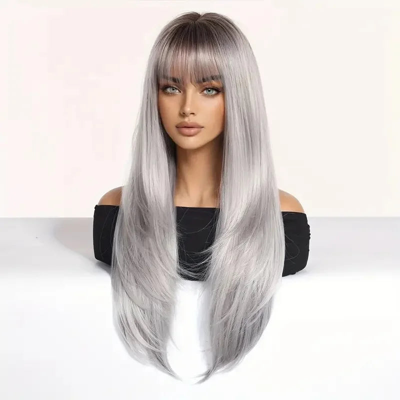EASIHAIR Synthetic Layered Wig Ombre Gray Blonde Long Straight Women Hair Wigs with Bangs for Cosplay Party Daily Heat Resistant