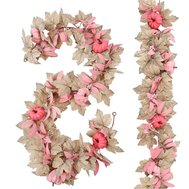 Halloween Thanksgiving Pink Decorations Artificial Fall Maple Leaves Garland Autumn Hanging Pink Pumpkins Flowers Berries Rattan