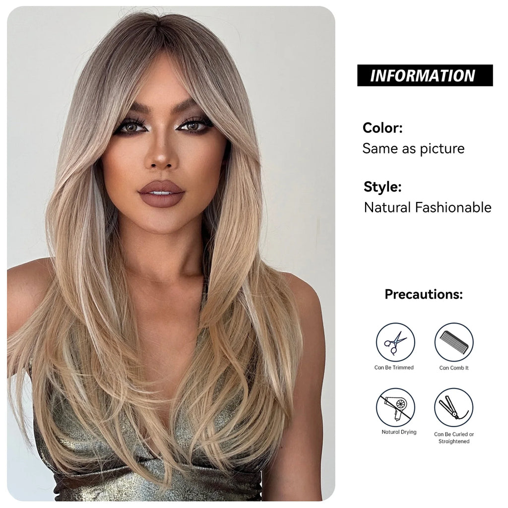 Long Straight Layered Synthetic Wig Blonde Platinum Highlight Wig with Bangs Daily Use Natural Hair Heat Resistant Wig for Women