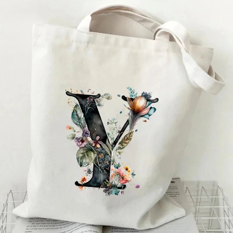 26 Letters Flower Tote Bag for Women Eco Reusable Shoulder BagsLarge Capacity Canvas Casual Harajuku Shopping Shopper Handbag