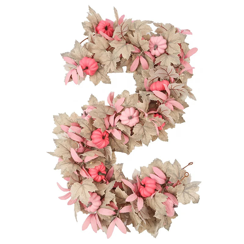 Halloween Thanksgiving Pink Decorations Artificial Fall Maple Leaves Garland Autumn Hanging Pink Pumpkins Flowers Berries Rattan