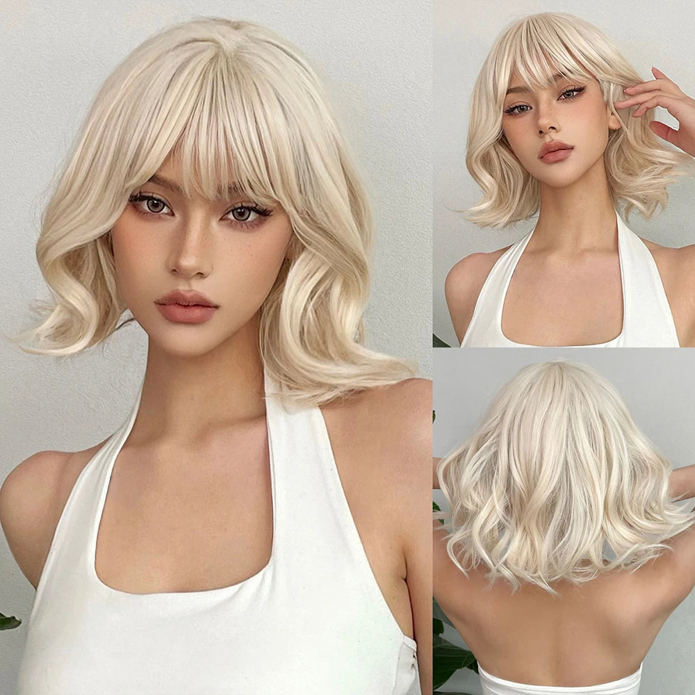 Light Blonde Short Bob Synthetic Wigs with Bangs Shoulder Length Water Wave Women Hair Wigs for Cosplay Lolita Daily Natural Wig