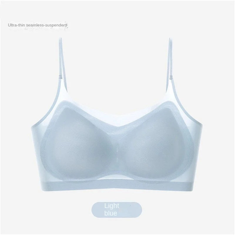 Ultra Thin Ice Silk Seamless Underwear Women Plus Size Sexy Top Soft Breathable Wireless Solid Lingerie Gathered Padded Bra