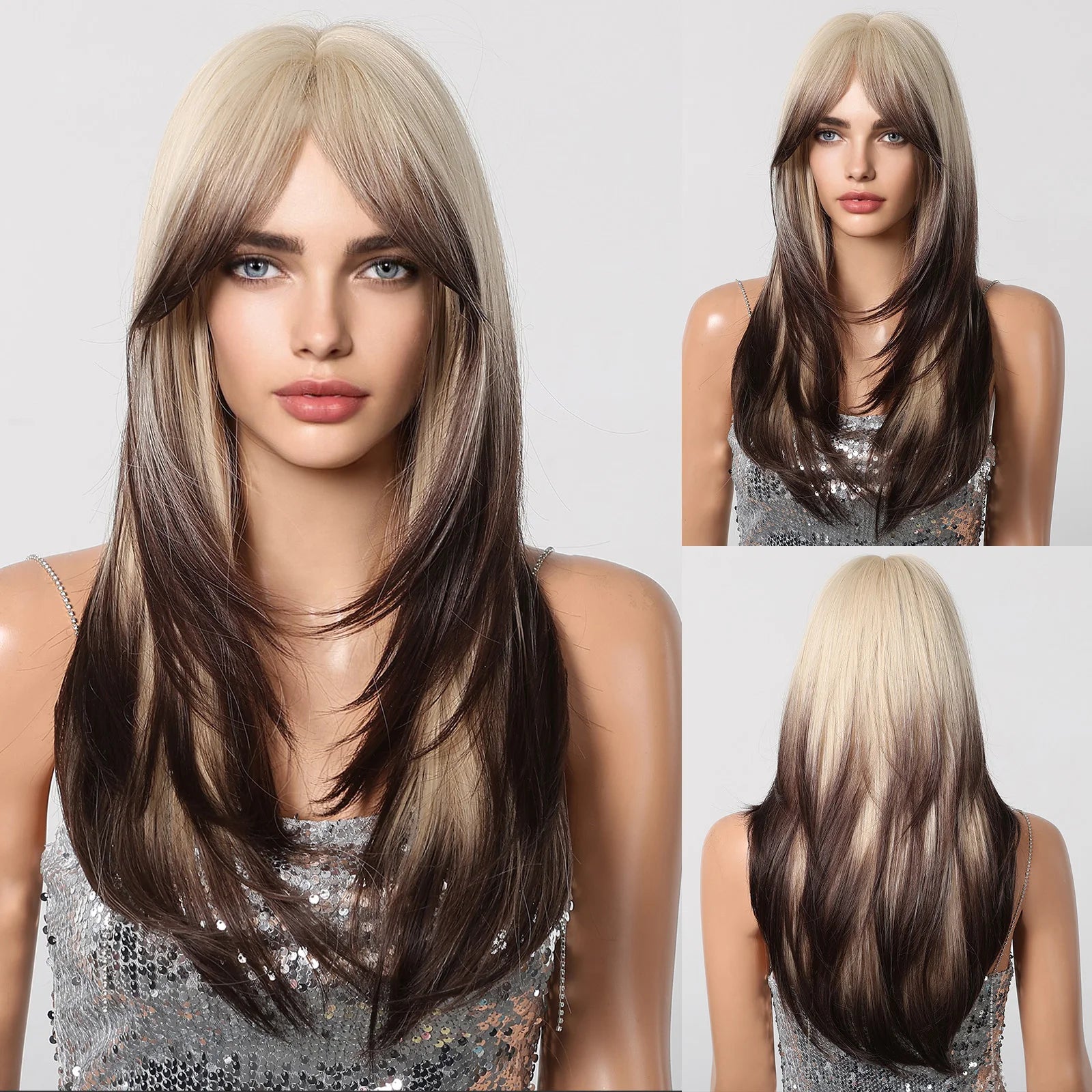EASIHAIR Synthetic Layered Wig Ombre Gray Blonde Long Straight Women Hair Wigs with Bangs for Cosplay Party Daily Heat Resistant