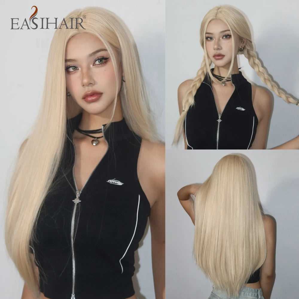 EASIHAIR Synthetic Layered Wig Ombre Gray Blonde Long Straight Women Hair Wigs with Bangs for Cosplay Party Daily Heat Resistant