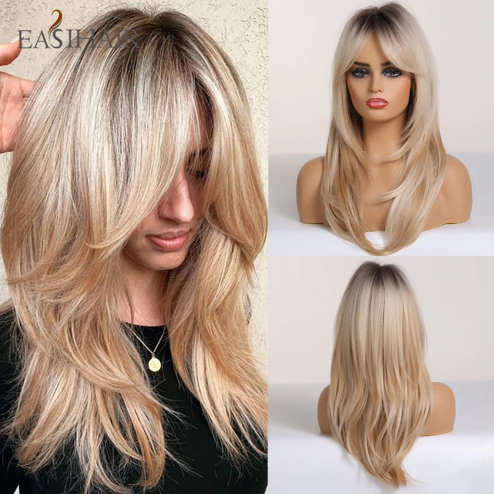 EASIHAIR Synthetic Layered Wig Ombre Gray Blonde Long Straight Women Hair Wigs with Bangs for Cosplay Party Daily Heat Resistant
