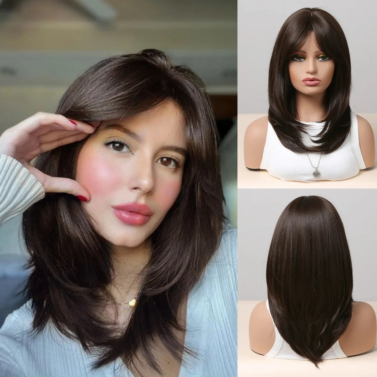 Long Straight Layered Synthetic Wig Blonde Platinum Highlight Wig with Bangs Daily Use Natural Hair Heat Resistant Wig for Women