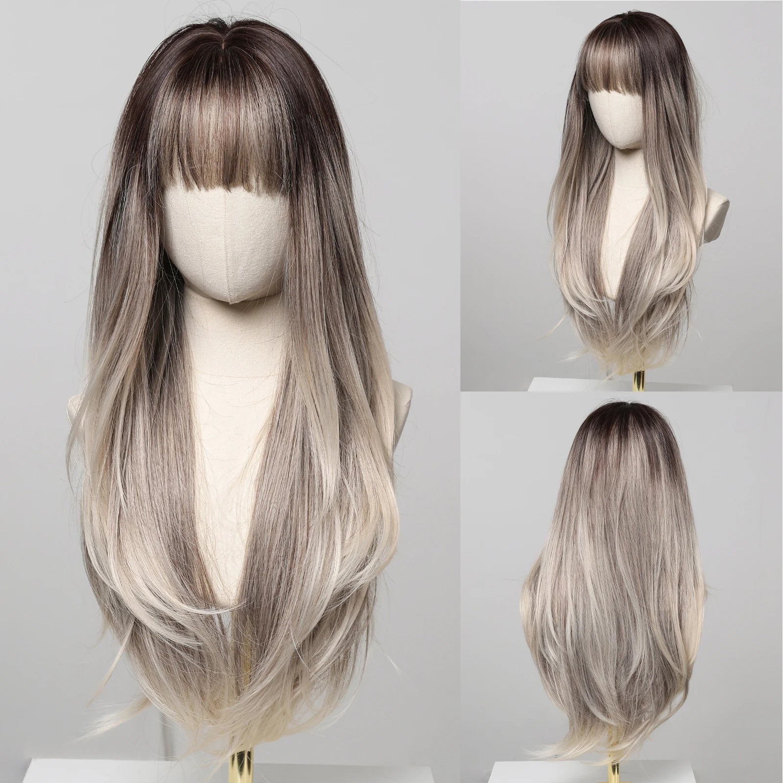 HENRY MARGU Long Straight Synthetic Wigs for Women Natural Brown Blonde Wig with Bangs Heat Resistant Cosplay Party Hair