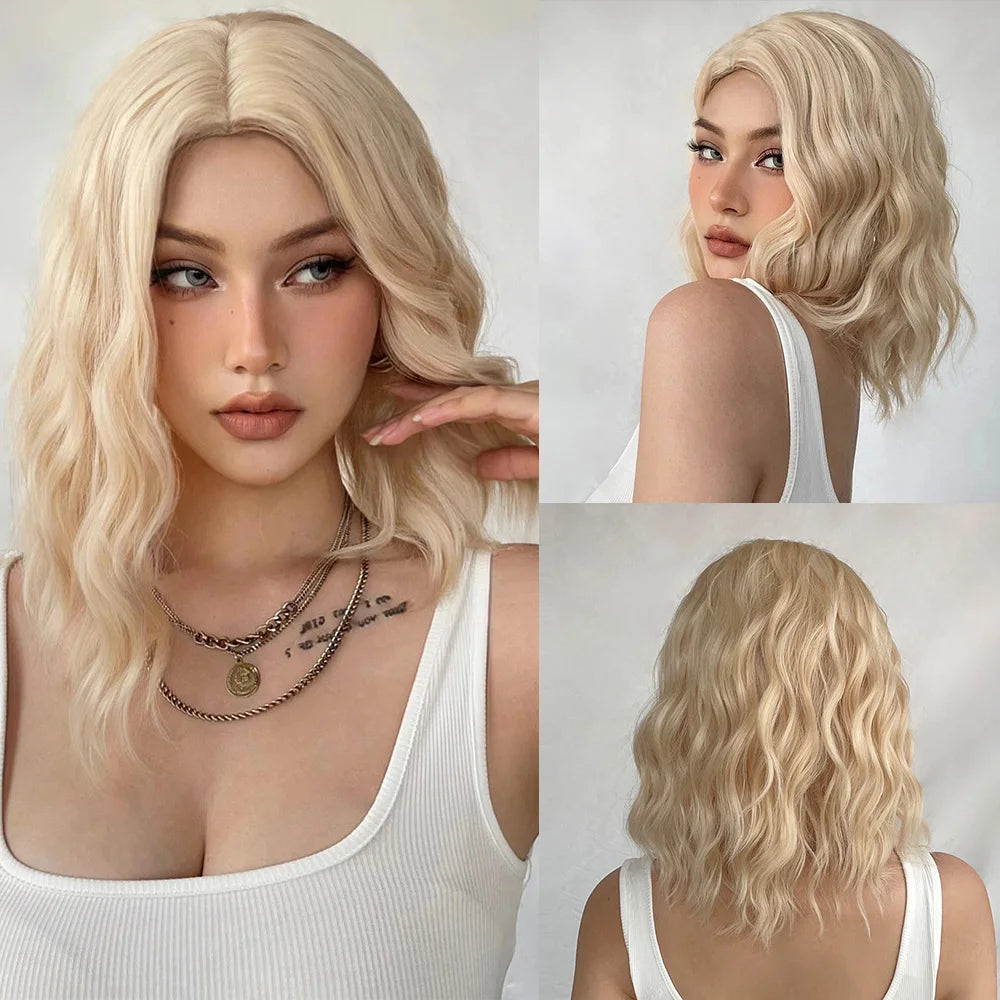 Light Blonde Short Bob Synthetic Wigs with Bangs Shoulder Length Water Wave Women Hair Wigs for Cosplay Lolita Daily Natural Wig