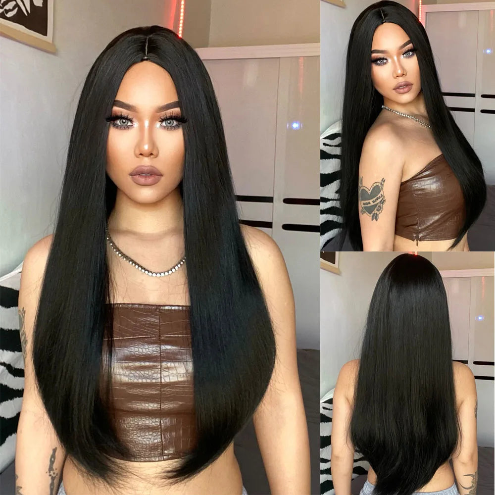 HENRY MARGU Long Straight Synthetic Wigs for Women Natural Brown Blonde Wig with Bangs Heat Resistant Cosplay Party Hair