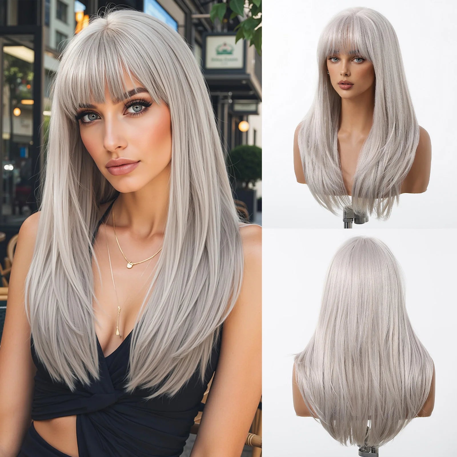 HENRY MARGU Long Straight Synthetic Wigs for Women Natural Brown Blonde Wig with Bangs Heat Resistant Cosplay Party Hair