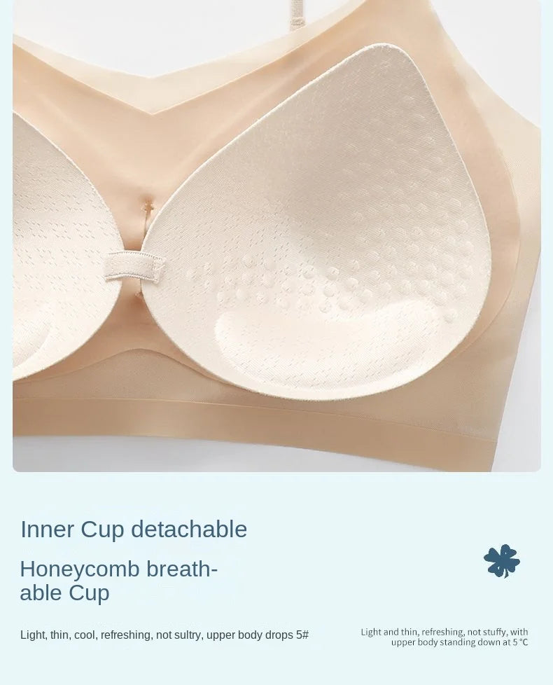 Ultra Thin Ice Silk Seamless Underwear Women Plus Size Sexy Top Soft Breathable Wireless Solid Lingerie Gathered Padded Bra