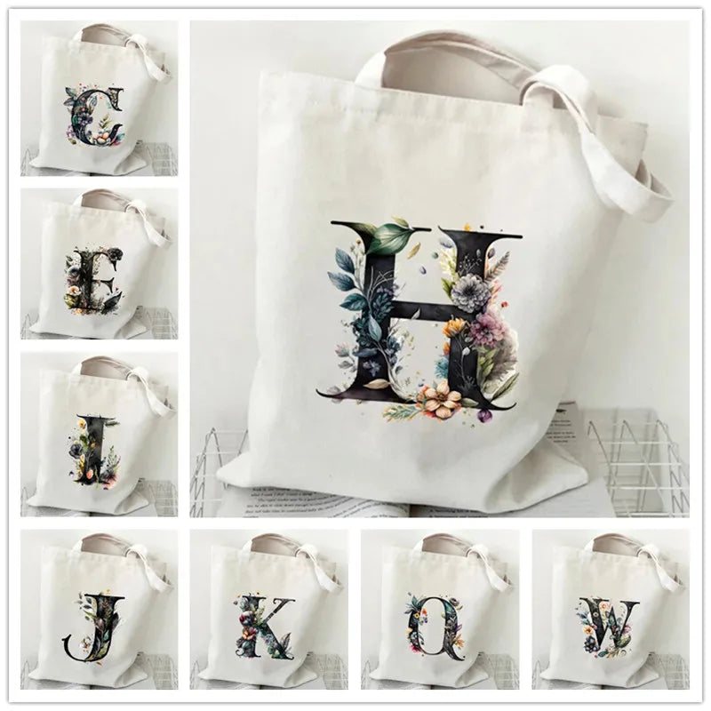 26 Letters Flower Tote Bag for Women Eco Reusable Shoulder BagsLarge Capacity Canvas Casual Harajuku Shopping Shopper Handbag