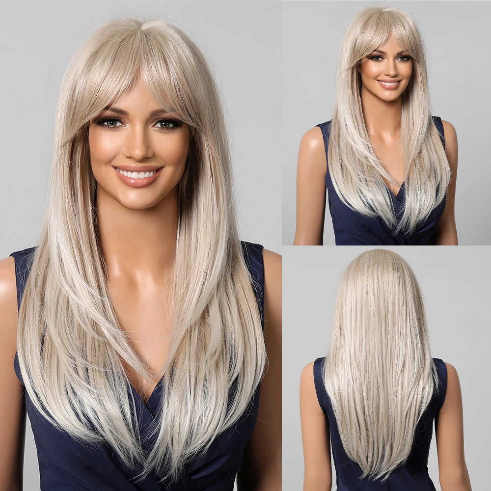EASIHAIR Synthetic Layered Wig Ombre Gray Blonde Long Straight Women Hair Wigs with Bangs for Cosplay Party Daily Heat Resistant