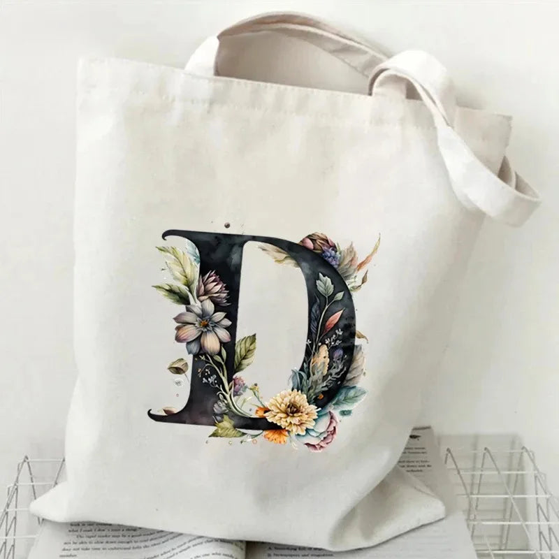 26 Letters Flower Tote Bag for Women Eco Reusable Shoulder BagsLarge Capacity Canvas Casual Harajuku Shopping Shopper Handbag