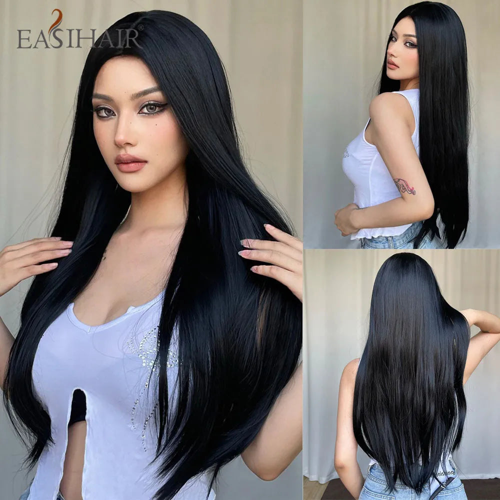 EASIHAIR Synthetic Layered Wig Ombre Gray Blonde Long Straight Women Hair Wigs with Bangs for Cosplay Party Daily Heat Resistant