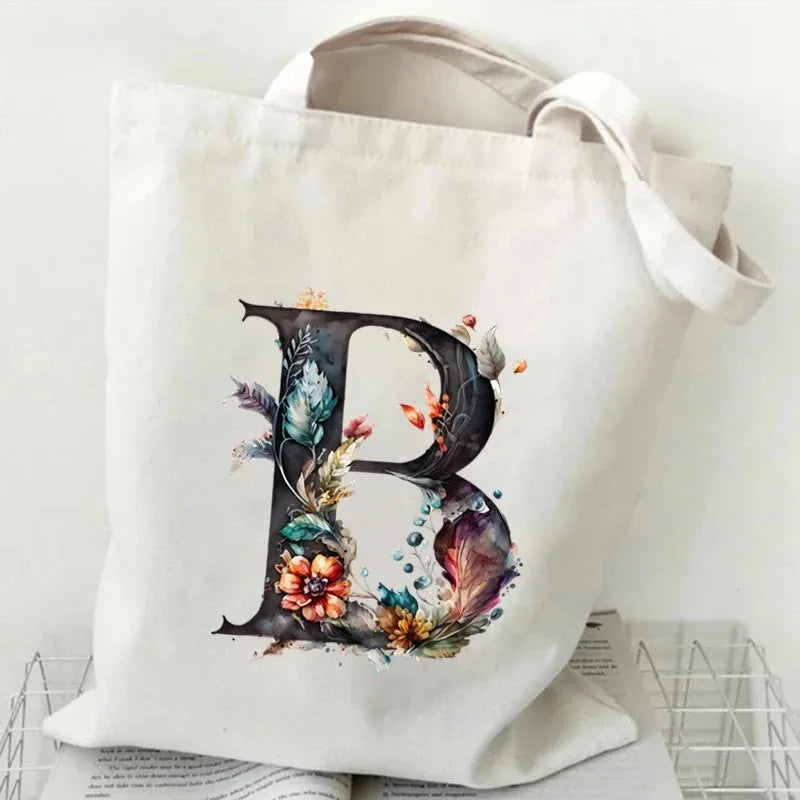 26 Letters Flower Tote Bag for Women Eco Reusable Shoulder BagsLarge Capacity Canvas Casual Harajuku Shopping Shopper Handbag