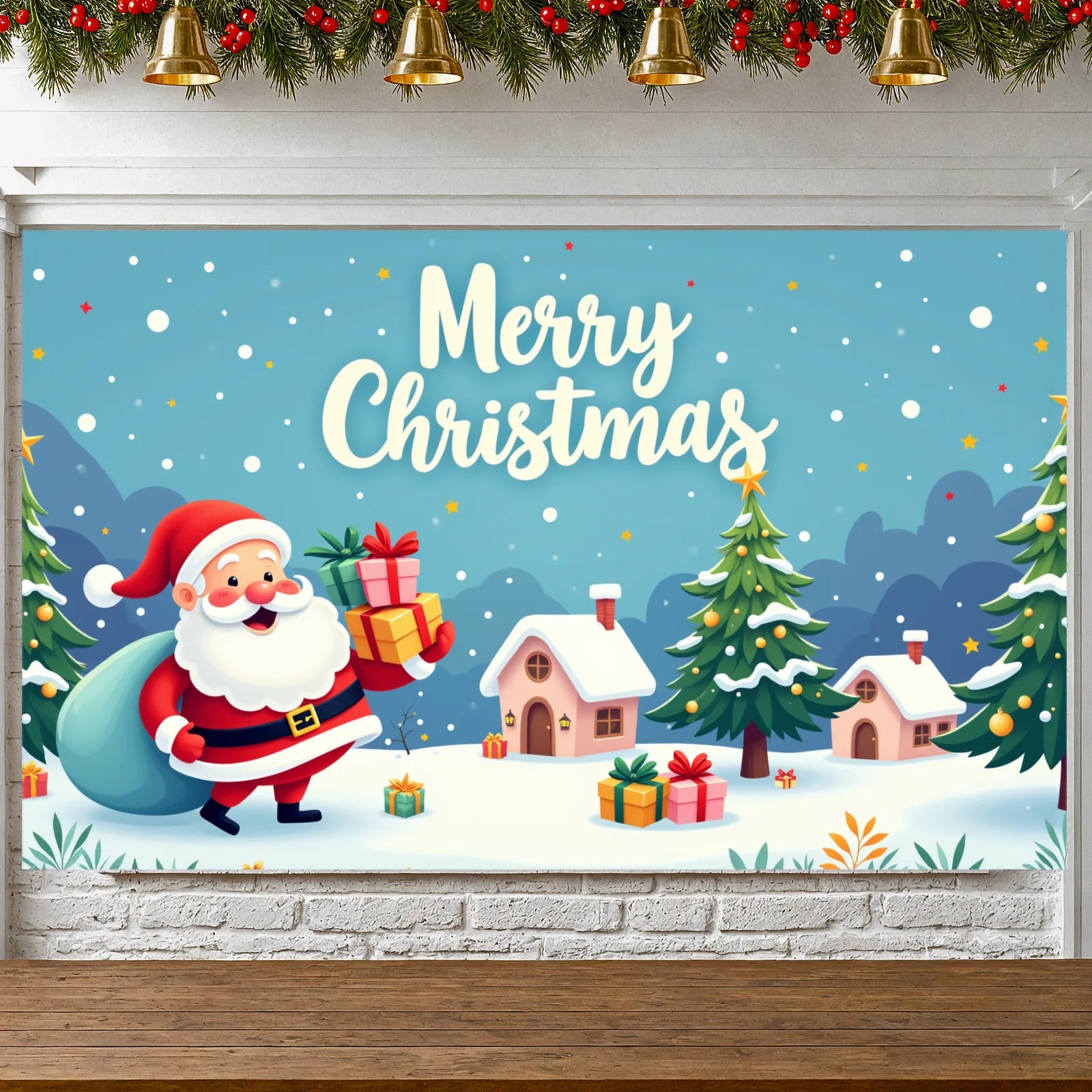 Merry Christmas Santa Decoration Festive Banner Polyester Snowy Scene Winter Holiday for Christmas Party Decor Seasonal Celebrat