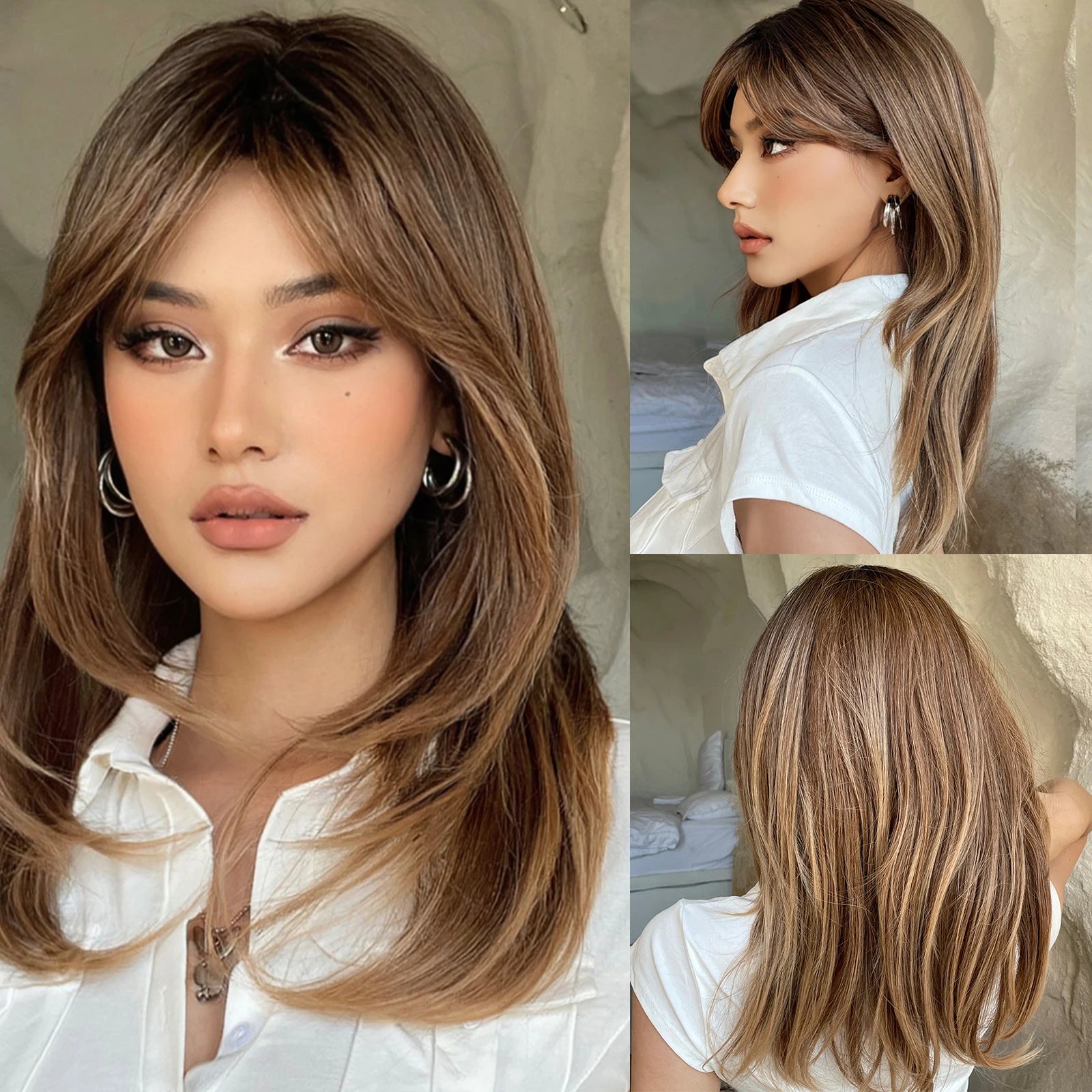 EASIHAIR Synthetic Layered Wig Ombre Gray Blonde Long Straight Women Hair Wigs with Bangs for Cosplay Party Daily Heat Resistant