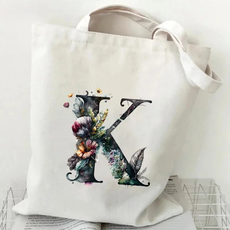 26 Letters Flower Tote Bag for Women Eco Reusable Shoulder BagsLarge Capacity Canvas Casual Harajuku Shopping Shopper Handbag
