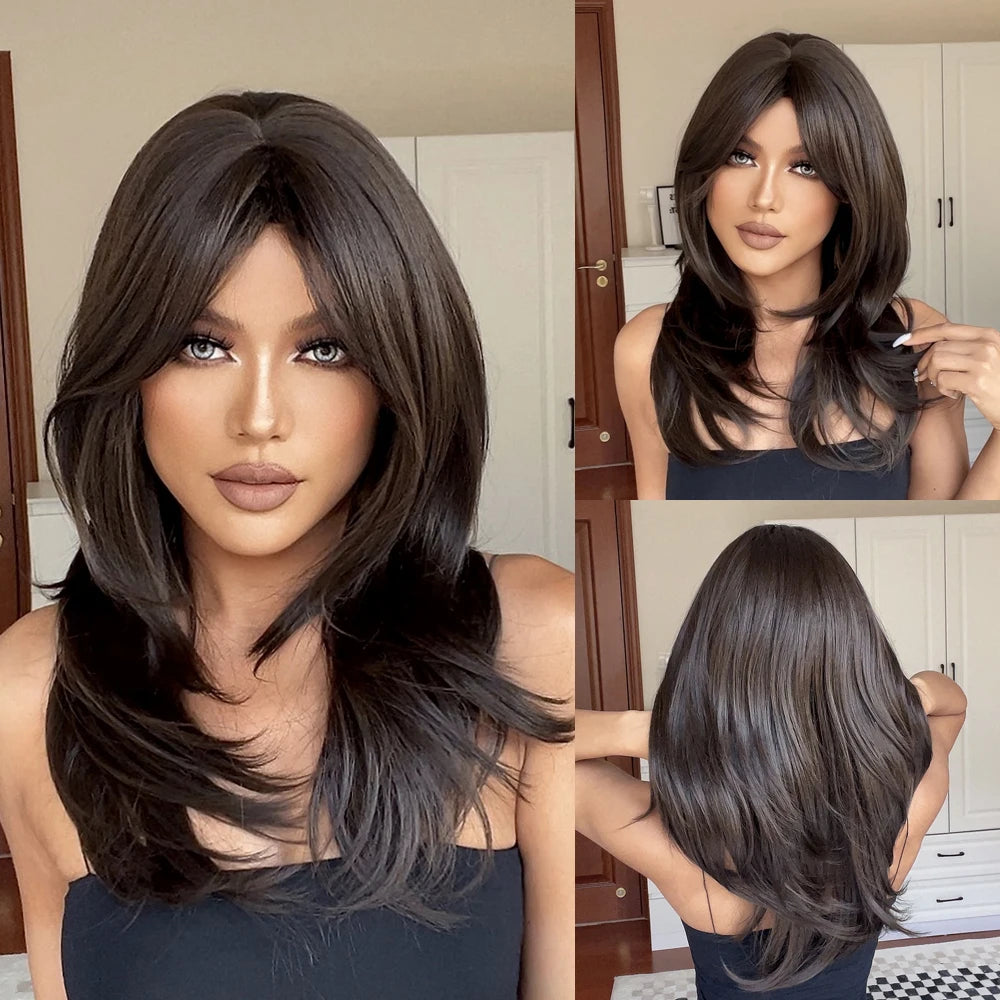 EASIHAIR Synthetic Layered Wig Ombre Gray Blonde Long Straight Women Hair Wigs with Bangs for Cosplay Party Daily Heat Resistant