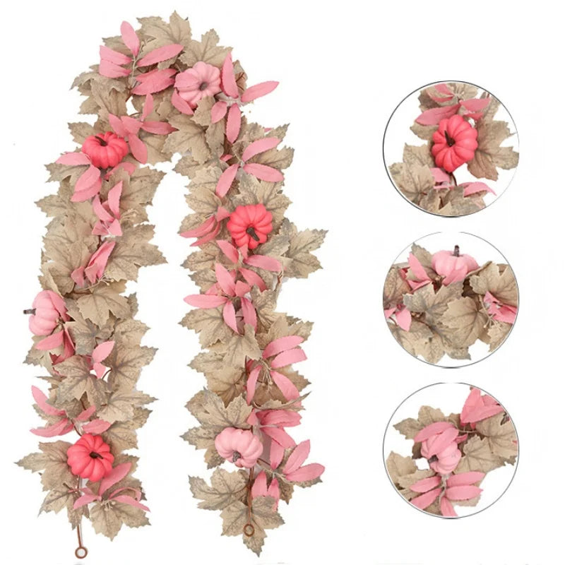 Halloween Thanksgiving Pink Decorations Artificial Fall Maple Leaves Garland Autumn Hanging Pink Pumpkins Flowers Berries Rattan