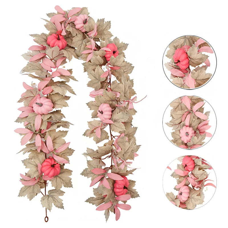 Halloween Thanksgiving Pink Decorations Artificial Fall Maple Leaves Garland Autumn Hanging Pink Pumpkins Flowers Berries Rattan