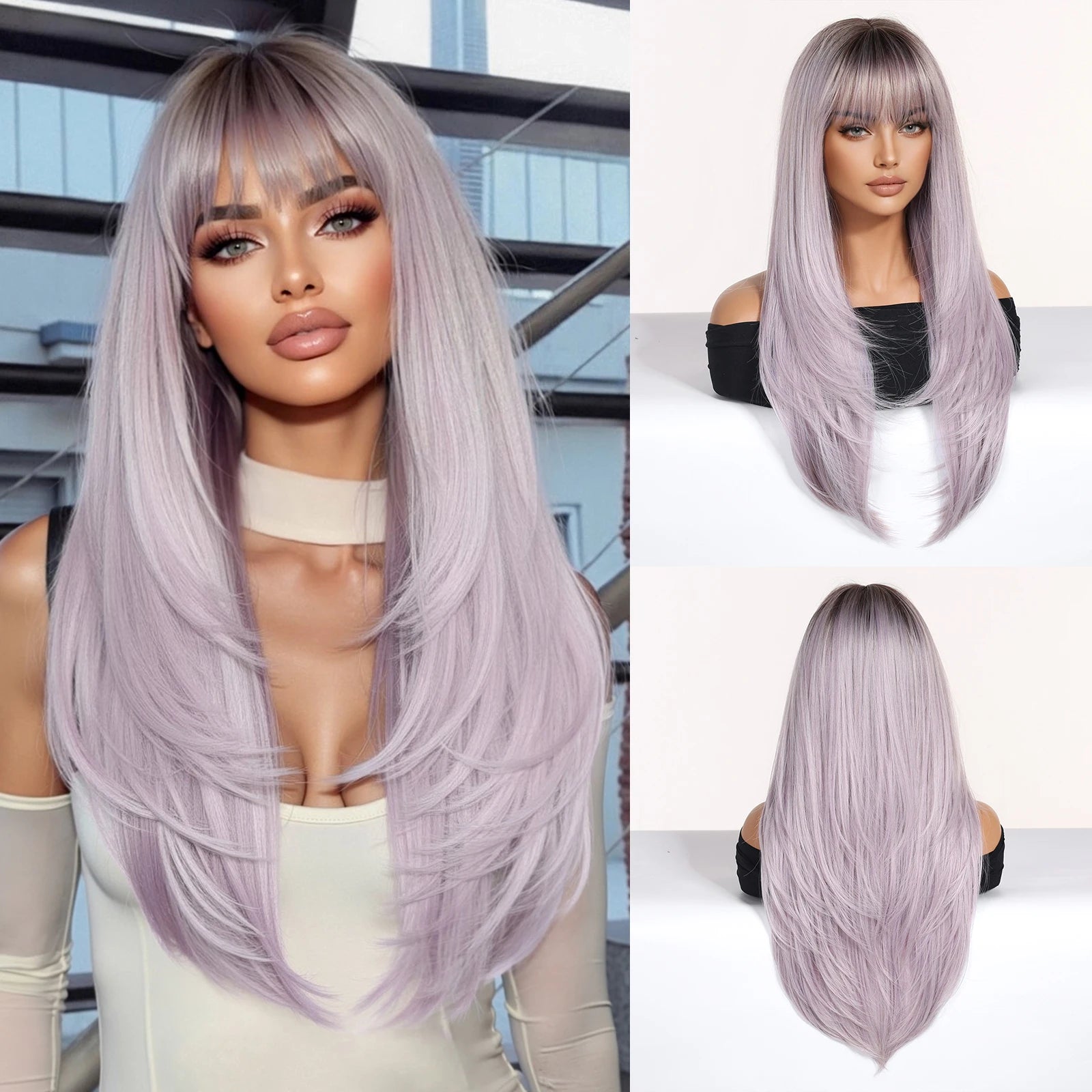 EASIHAIR Synthetic Layered Wig Ombre Gray Blonde Long Straight Women Hair Wigs with Bangs for Cosplay Party Daily Heat Resistant