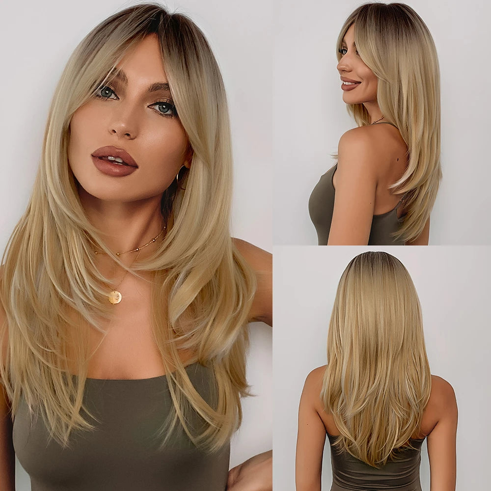 HENRY MARGU Long Straight Synthetic Wigs for Women Natural Brown Blonde Wig with Bangs Heat Resistant Cosplay Party Hair