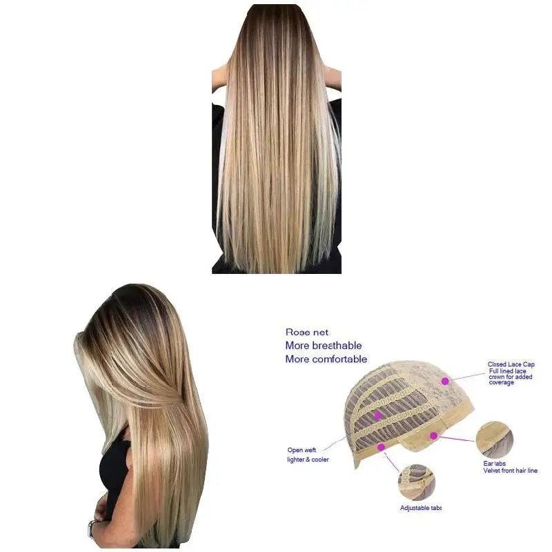 72cm Women Long Straight Wig With Hair Net Blonde Synthetic Hair Wigs Headgear For Daily Wear