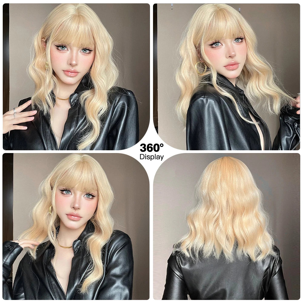Light Blonde Short Bob Synthetic Wigs with Bangs Shoulder Length Water Wave Women Hair Wigs for Cosplay Lolita Daily Natural Wig