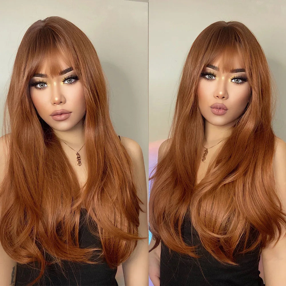 HENRY MARGU Long Straight Synthetic Wigs for Women Natural Brown Blonde Wig with Bangs Heat Resistant Cosplay Party Hair
