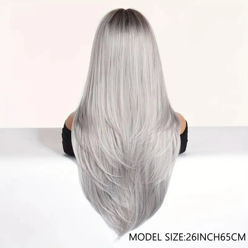EASIHAIR Synthetic Layered Wig Ombre Gray Blonde Long Straight Women Hair Wigs with Bangs for Cosplay Party Daily Heat Resistant