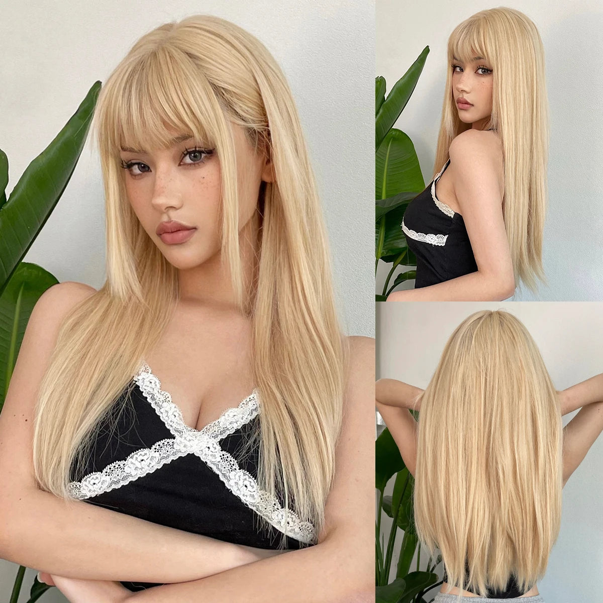 EASIHAIR Synthetic Layered Wig Ombre Gray Blonde Long Straight Women Hair Wigs with Bangs for Cosplay Party Daily Heat Resistant