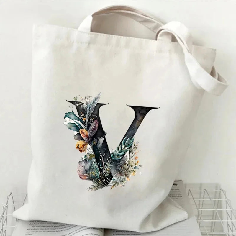 26 Letters Flower Tote Bag for Women Eco Reusable Shoulder BagsLarge Capacity Canvas Casual Harajuku Shopping Shopper Handbag