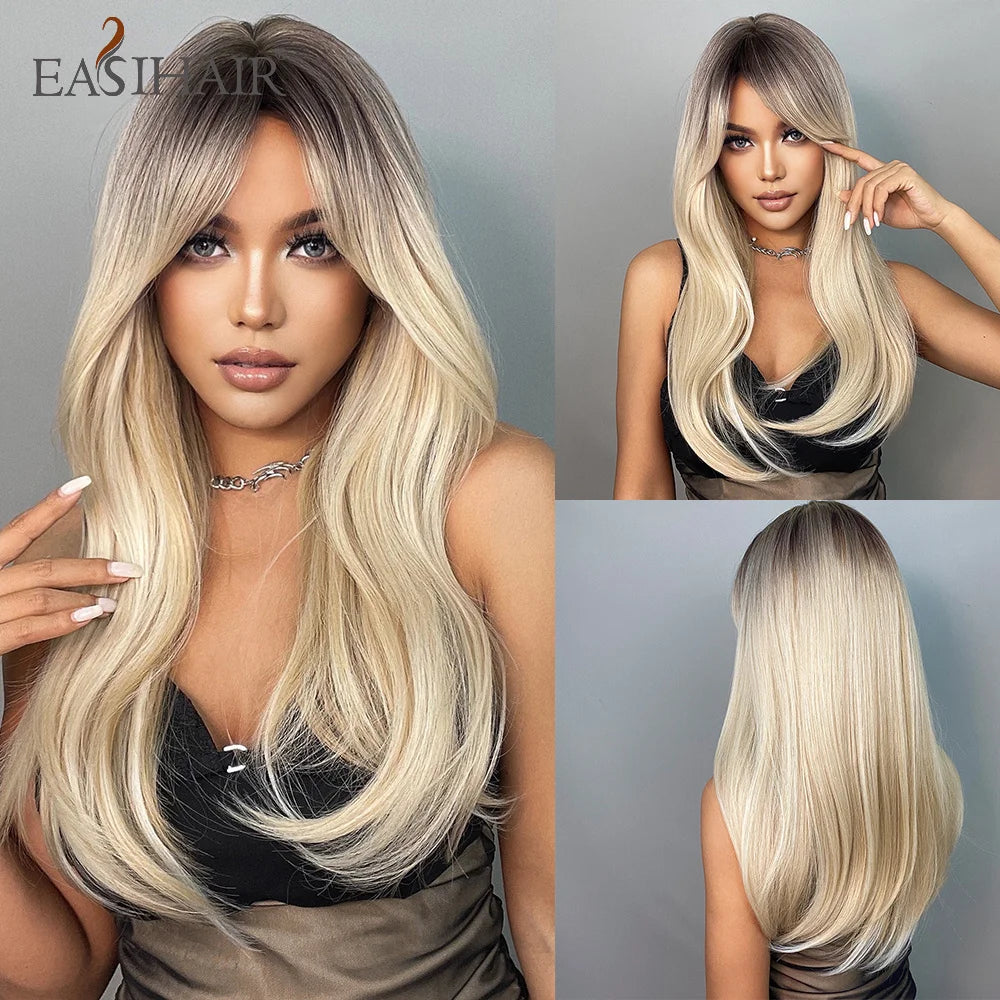 EASIHAIR Synthetic Layered Wig Ombre Gray Blonde Long Straight Women Hair Wigs with Bangs for Cosplay Party Daily Heat Resistant