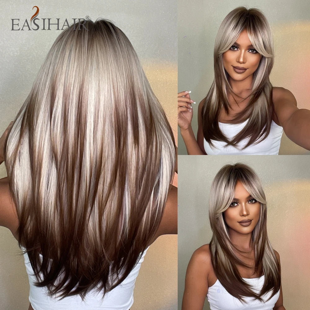 EASIHAIR Synthetic Layered Wig Ombre Gray Blonde Long Straight Women Hair Wigs with Bangs for Cosplay Party Daily Heat Resistant