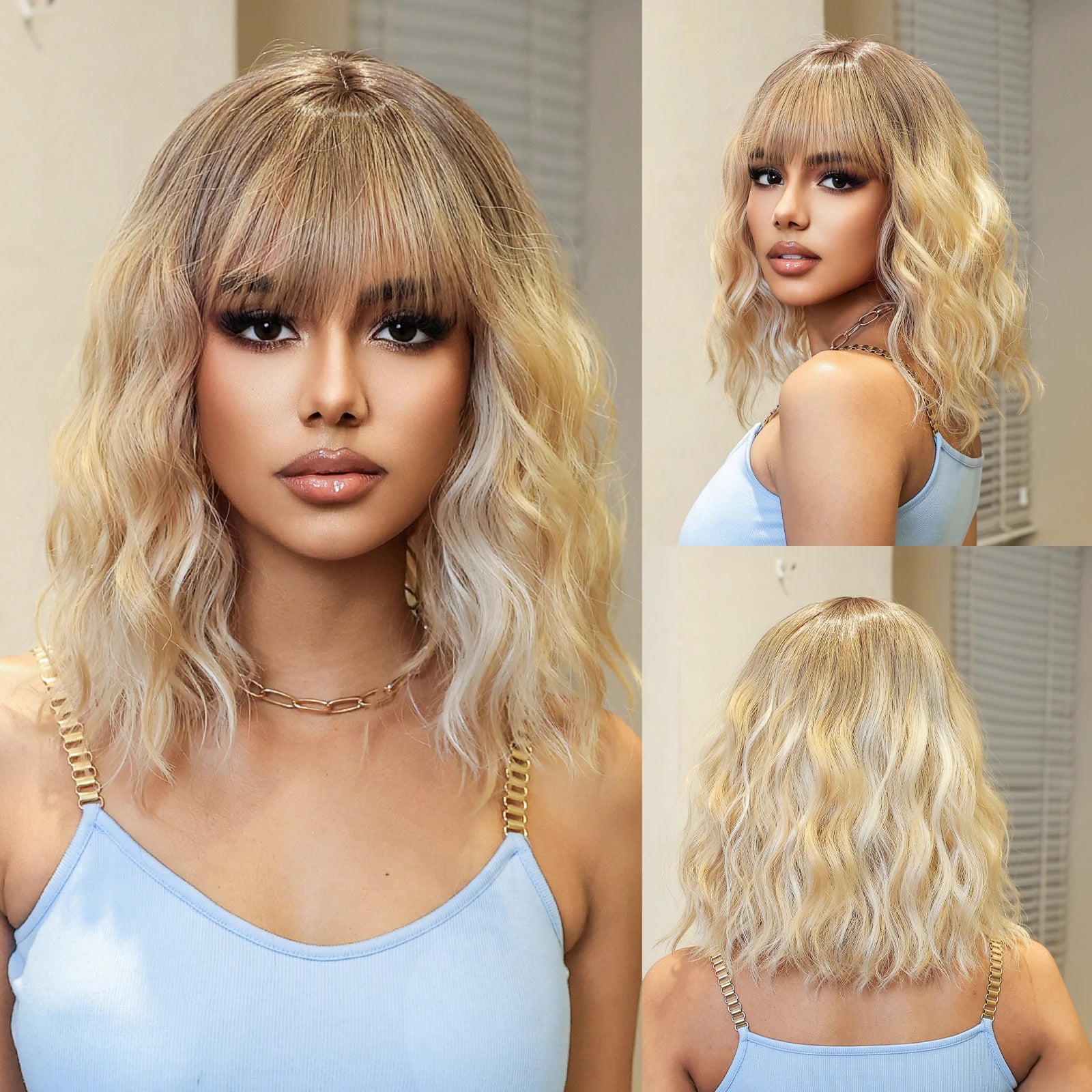 Light Blonde Short Bob Synthetic Wigs with Bangs Shoulder Length Water Wave Women Hair Wigs for Cosplay Lolita Daily Natural Wig